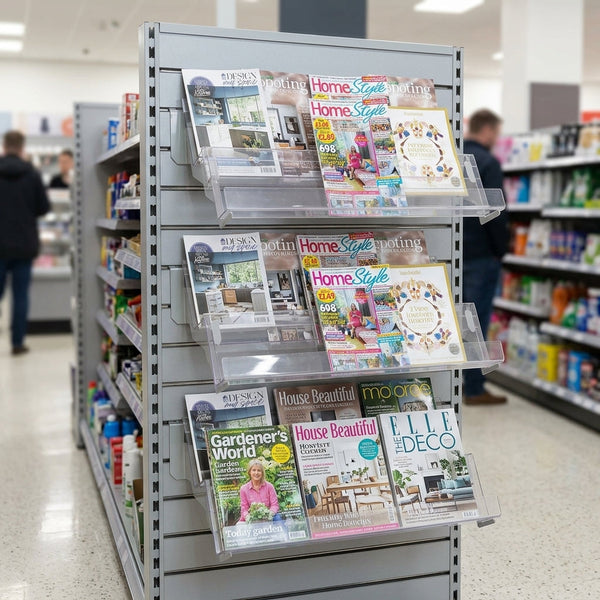 3-tier acrylic magazine shelf for slatwall panels