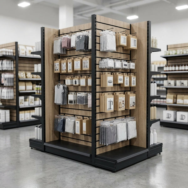 1.4m Wood Effect Double-Sided Gondola Display Bay 500–1000mm