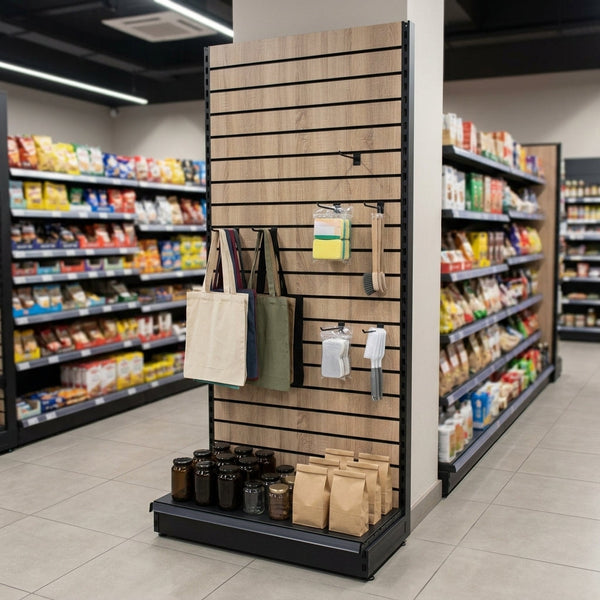 1.8m Wood Effect Wall Bay Display – 470mm Base Shelf