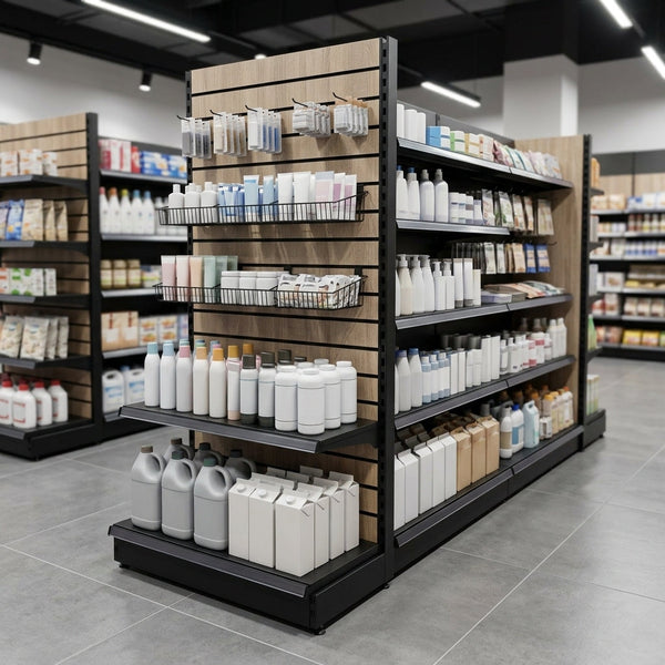 1.4m High Wood Effect Double-Sided Gondola Bay – 300mm Base Shelf