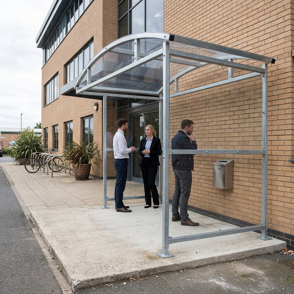 3m wide smoking shelter, galvanised steel, 1–5m lengths