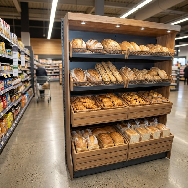 Wooden wall-mounted bakery display shelving – 665–2000mm widths