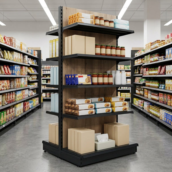 2.1m High Double-Sided Gondola Shelving Bay, Wood-Effect Finish