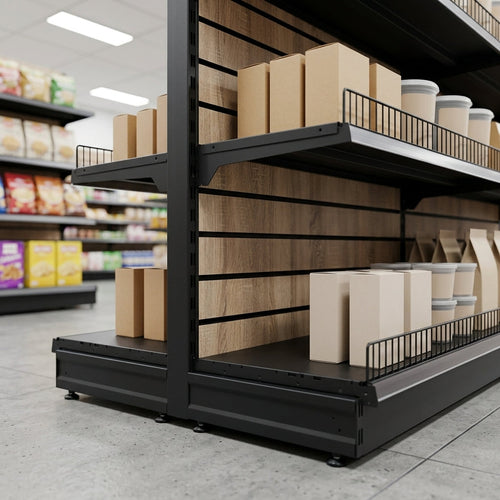1.4m High Wood Effect Wall Bay Display – 570mm Base Shelf (view 2)