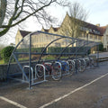24-space cycle shelter with steel frame and UV2 PetG roof