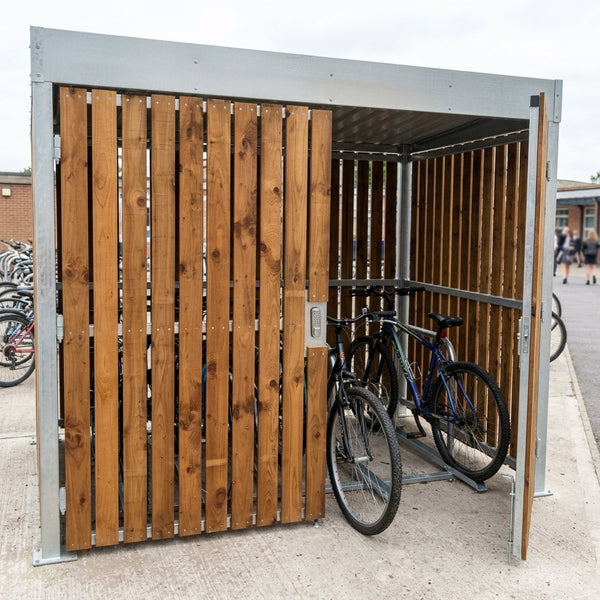 2650 × 1990mm timber cycle shelter, 6-bike capacity with gates
