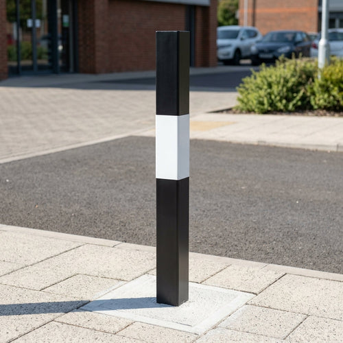 1000mm Square Steel Bollard – Black with White Band