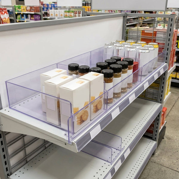 Acrylic shelf dividers 250–570 mm widths clear finish