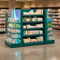 Premium pharmacy gondola island with LED lateral panel lighting