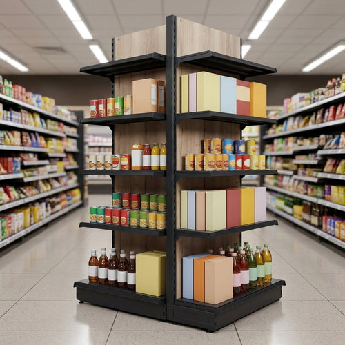 1.4m High Double-Sided Gondola Shelving Bay | 300mm Base | Wood Effect