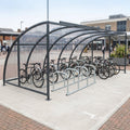 5.5m wide cycle compound shelter with mesh door & stands