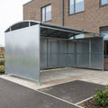 3m deep open-fronted storage shelter, galvanised steel, 1–5m wide