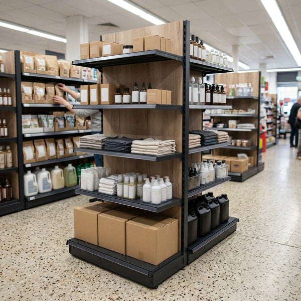 1.6m High Wood Effect End Bay Shelving – 300mm Base, 500–1000mm Wide