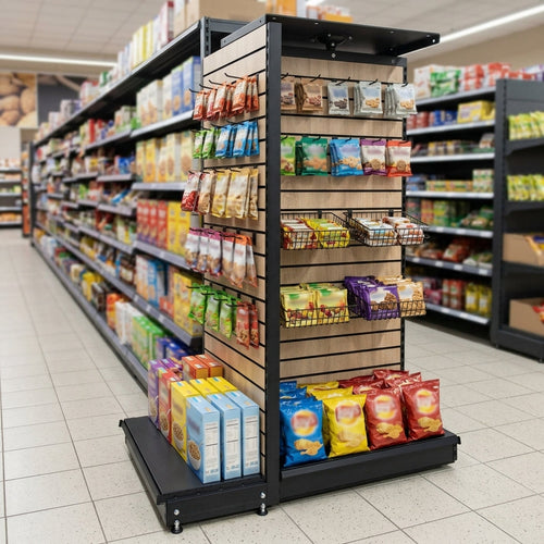 1.8m Wood Effect End Bay Display with Colour Insert – 500–1000mm